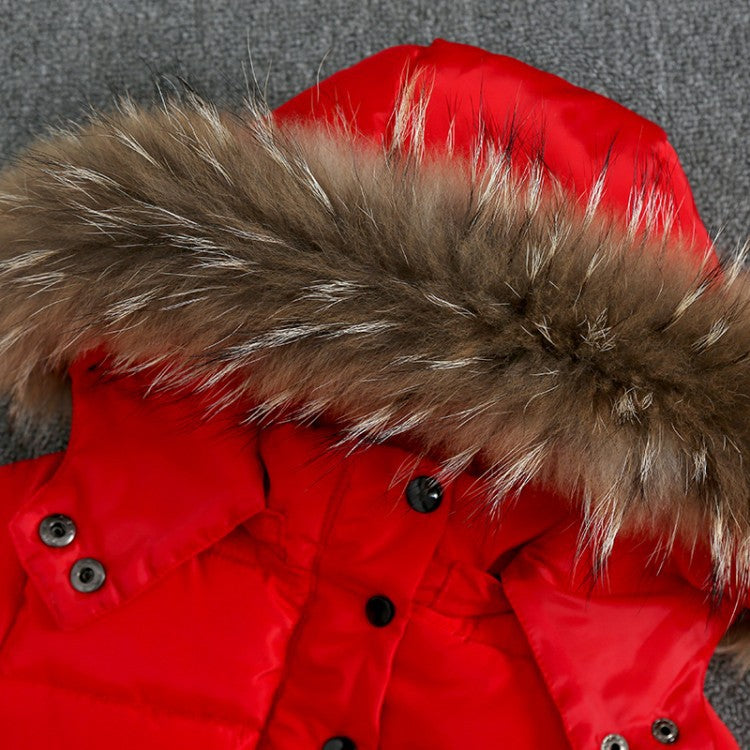 Red jacket for baby girls with fur hood