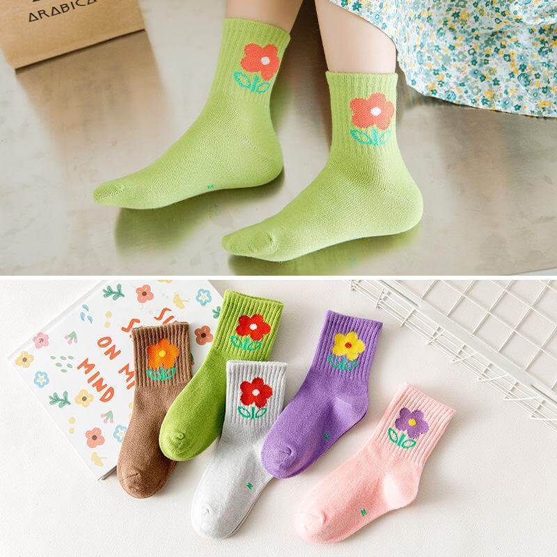 5-pack Floret Socks for Girls Cotton Socks for 3-12 Year Olds Kids Socks Purple Green Gray Brown Pink Socks Toddler Socks- TheToddly