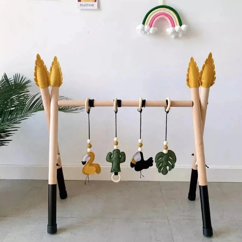 Nordic Foldable Wooden Play Gym Baby Fitness Rack With Crib Hanging Toys
