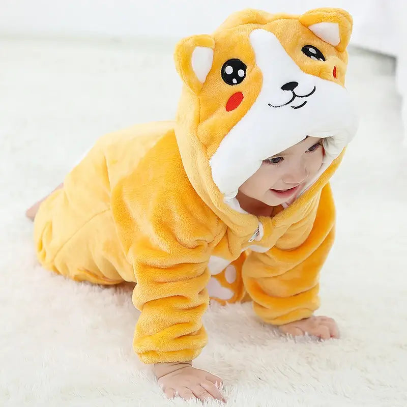 Zooby Kids Jumpsuit with Animal Face Hood Baby Boys Jumpsuit Baby Girls Winter Jumpsuit Yellow Shiba Inu Overall TheToddly