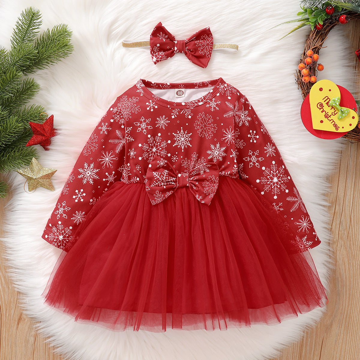 Snowflake Baby Girl Red Dress with Headband Christmas Outfit TheToddly Snowflake Baby Girl Red Dress with Headband Christmas Outfit TheToddly
