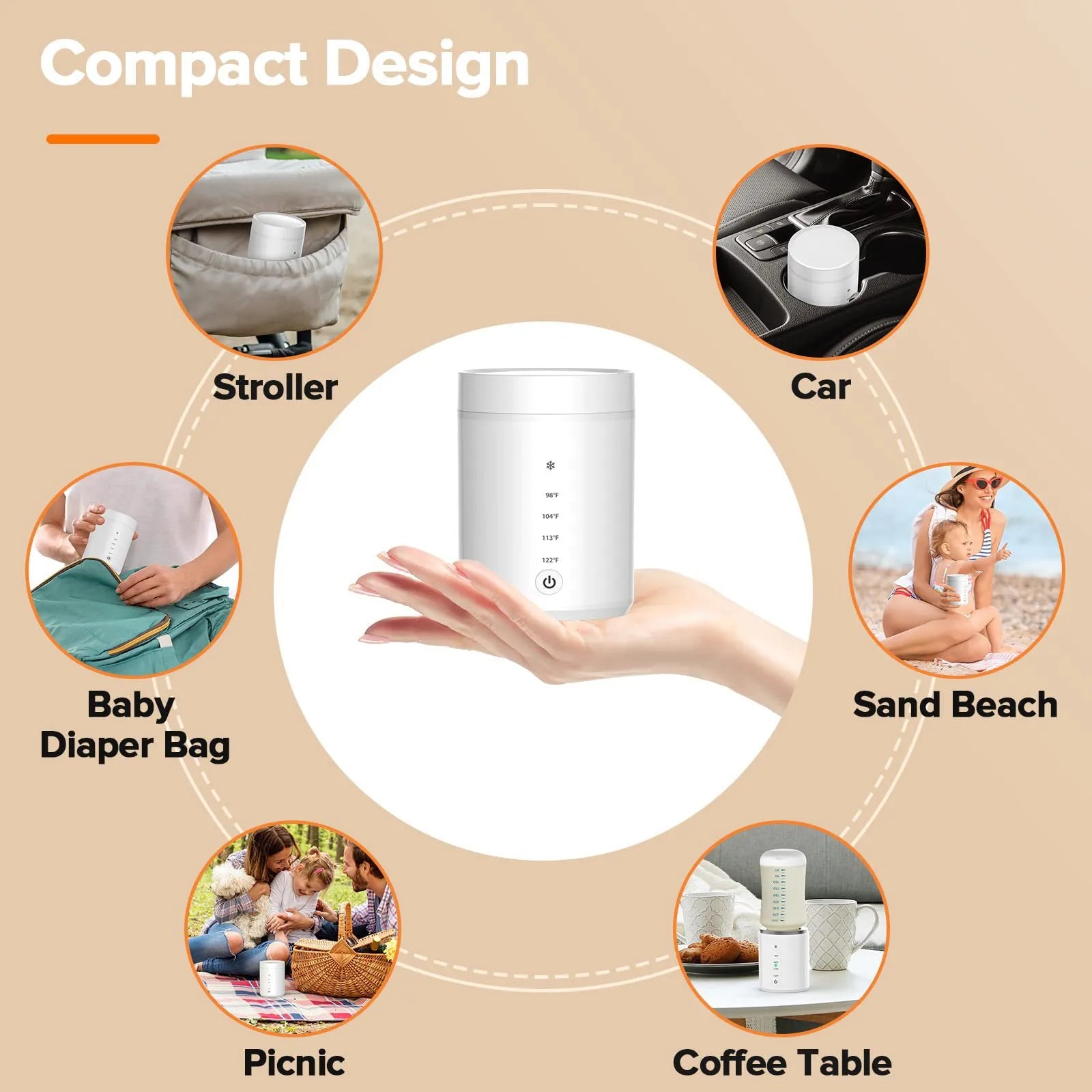 Compact design bottle warmer shown in various settings like stroller, car, baby diaper bag, sand beach, picnic, and coffee table.