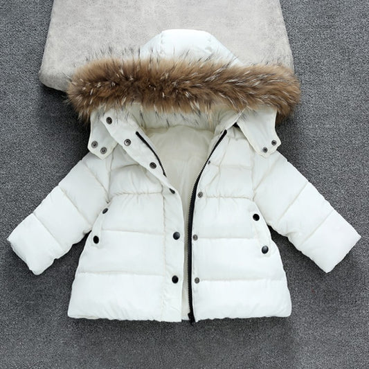 A girls' winter down jacket with a hood, primarily white with black details and a fur lining at the hood.