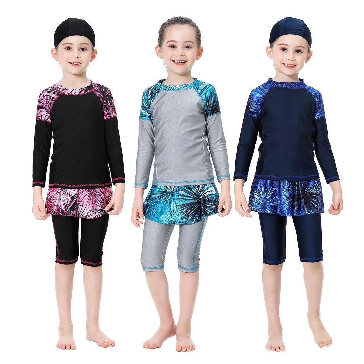 Kids Full Coverage Swimsuit - Modest Swimwear for Girls Blue Black Gray Colors