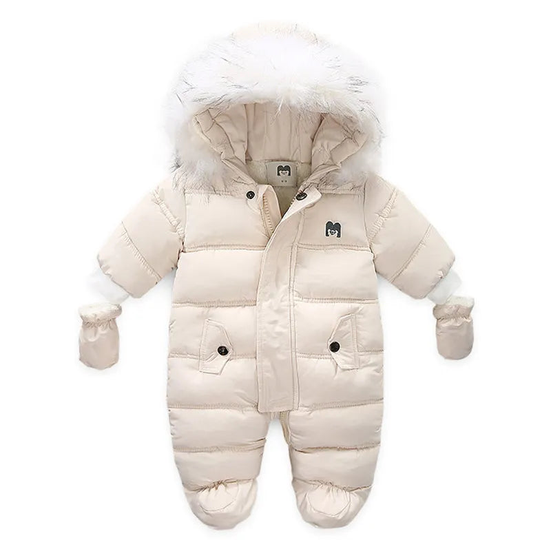 Beige baby snowsuit with white fur hood on a white background Baby Bear Hooded Cotton Fleece Snowsuit pink white red black vinteroverall snödräkt sneeuwpak Schneeanzug tuta da neve 12 months to 18 months old baby - TheToddly
