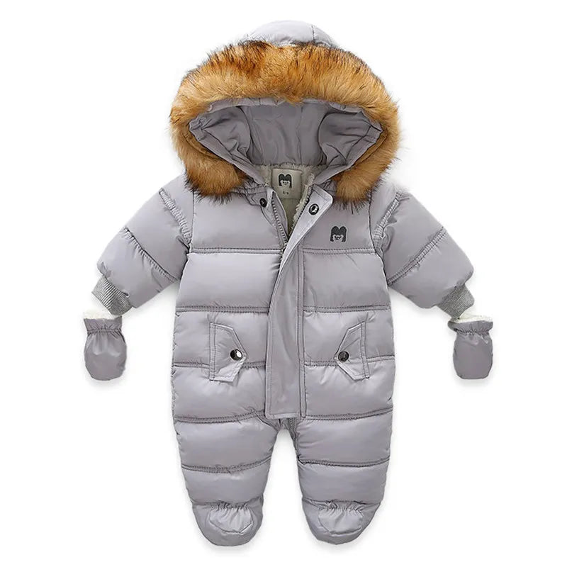 Gray baby snowsuit with fur hood Baby Bear Hooded Cotton Fleece Snowsuit vinteroverall snödräkt sneeuwpak Schneeanzug tuta da neve 12 months to 24 months old baby - TheToddly