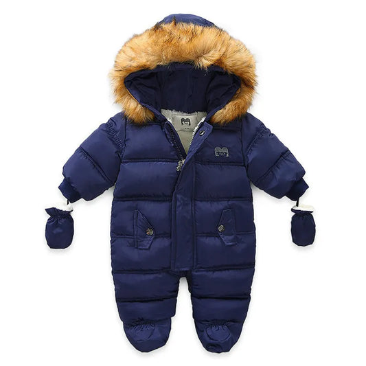 Navy blue baby snowsuit with fur hood  Baby Bear Hooded Cotton Fleece Snowsuit vinteroverall snödräkt sneeuwpak Schneeanzug tuta da neve 6 months to 24 months old baby - TheToddly