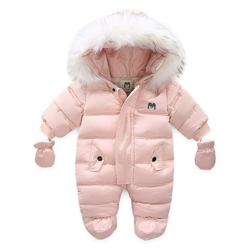 Baby Bear Hooded Cotton Fleece Snowsuit pink overall - TheToddly