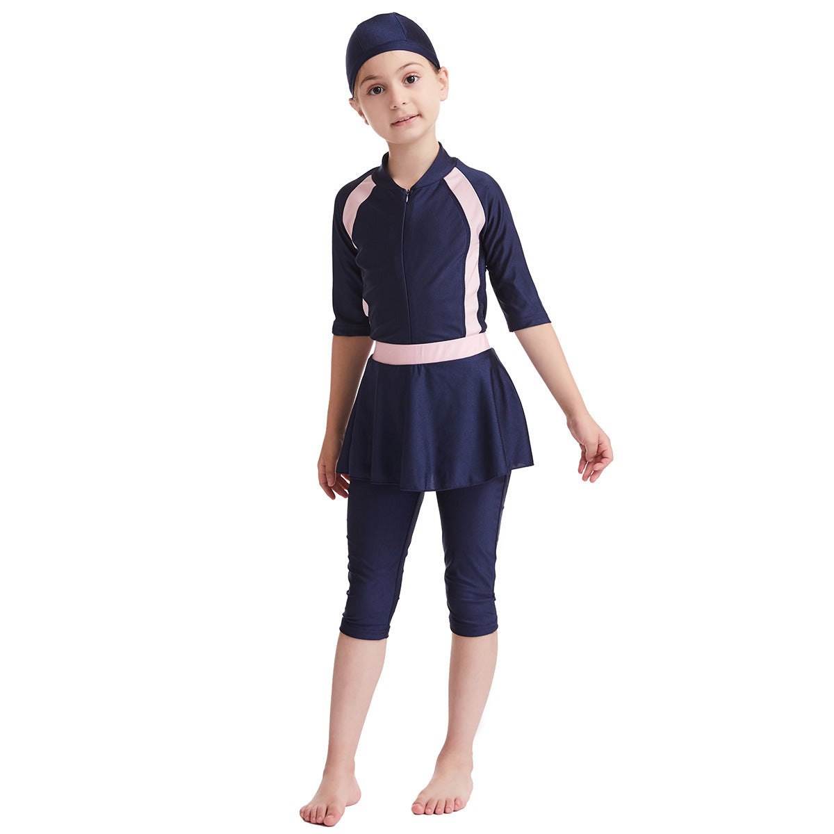 Full Body Swimsuit for Girls - Modest Swimwear with Swim Cap Navy Blue