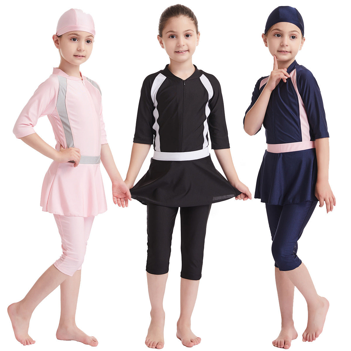 Full Body Swimsuit for Girls - Modest Swimwear with Swim Cap 3-14 yrs - Black Pink Navy Blue