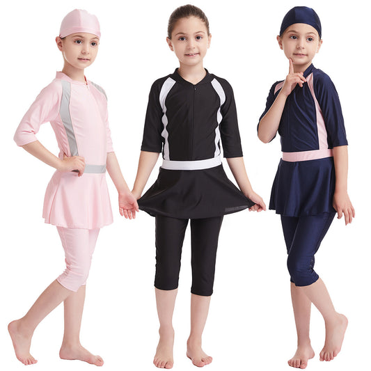 Full Body Swimsuit for Girls - Modest Swimwear with Swim Cap 3-14 yrs - Black Pink Navy Blue
