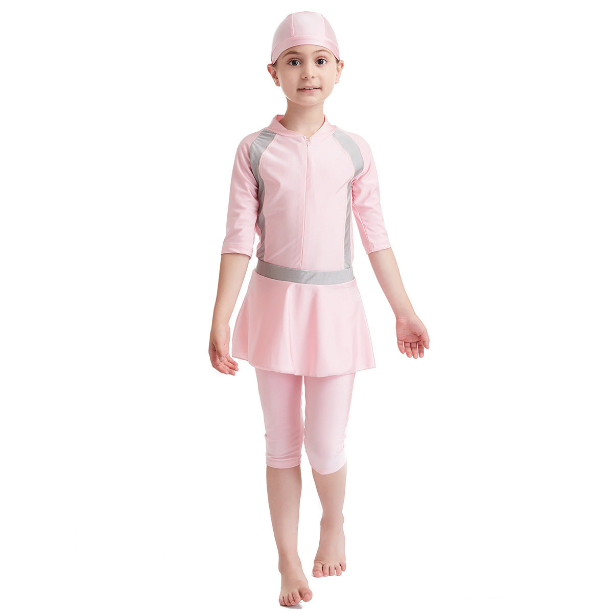 Full Body Swimsuit for Girls - Modest Swimwear with Swim Cap - Pink