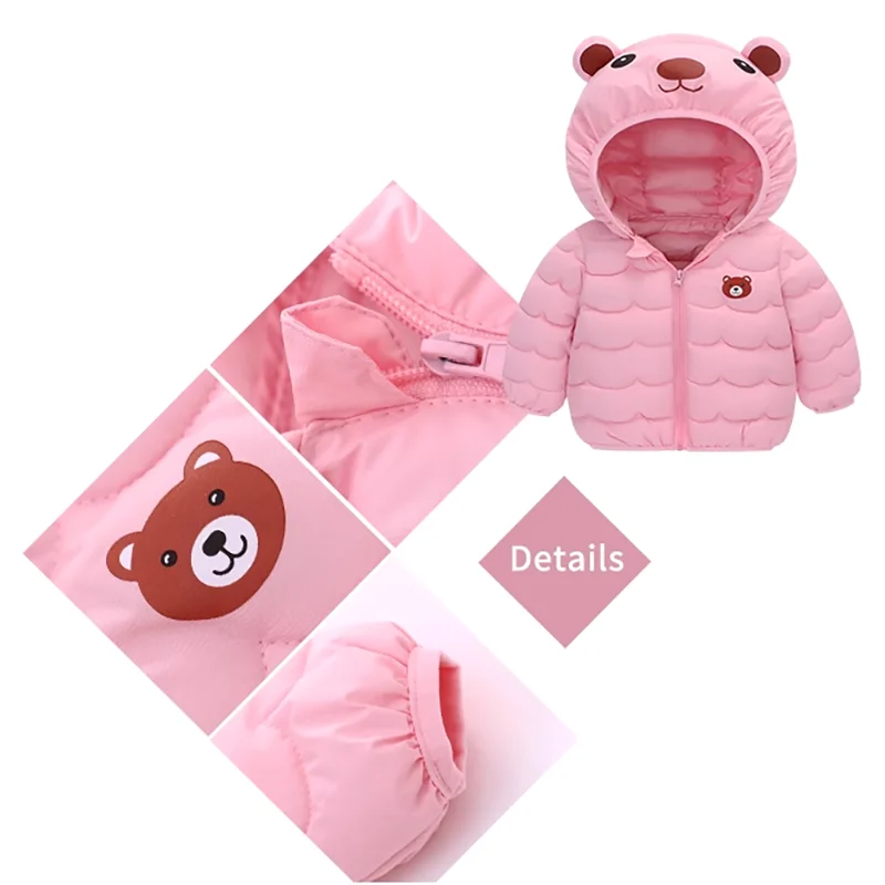 Bear Hood Quilted Down Cotton Jacket for Kids Pink Jacket for Toddlers 1-to-6 years olds TheToddly