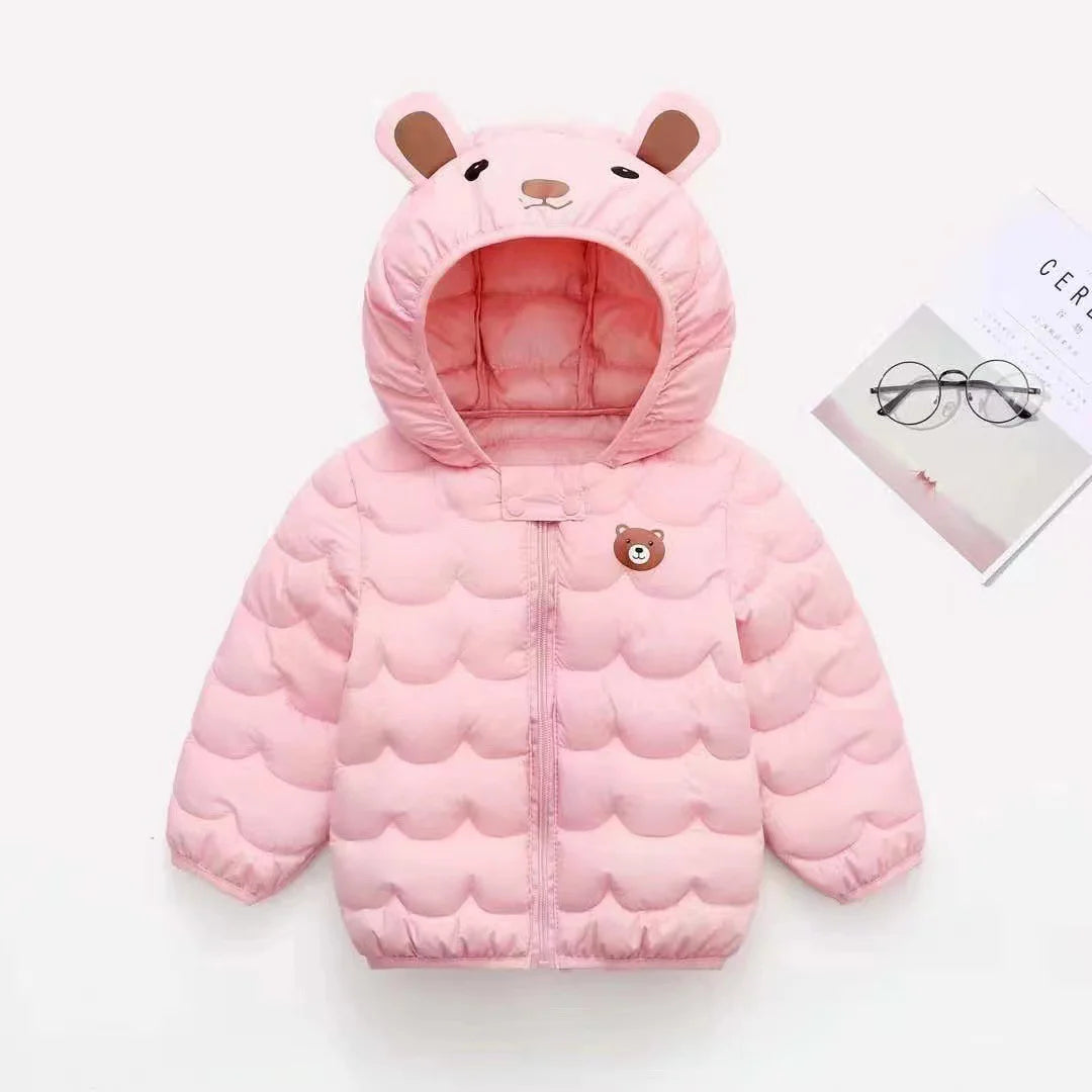 Bear Hood Quilted Down Cotton Jacket for Kids Pink Jacket for Toddlers 1-to-6 years olds TheToddly