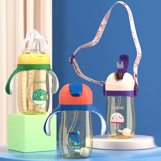 KAMIDI Sipper Straw Cup Toddler Sipper Bottle with Straw Strap 300ml Water Bottle for Kids Water Cup Yellow Pink Red TheToddly.com