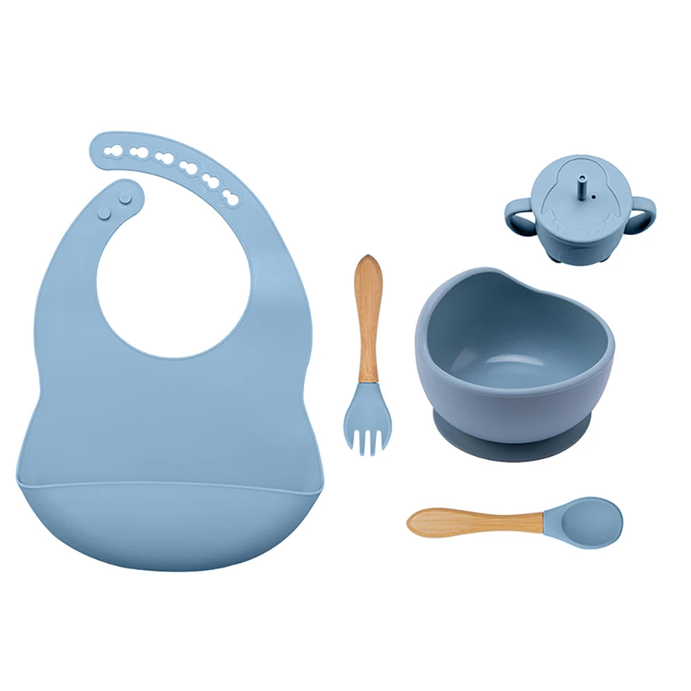 MunchiMate Baby Tableware Set Blue Children Eating Bowl Baby Spoon Sippy Cup Dinner Bib Baby Dinnerware Set Kids Dinner Set Silicone Tableware Set Geschirrset ensemble de vaisselle TheToddly