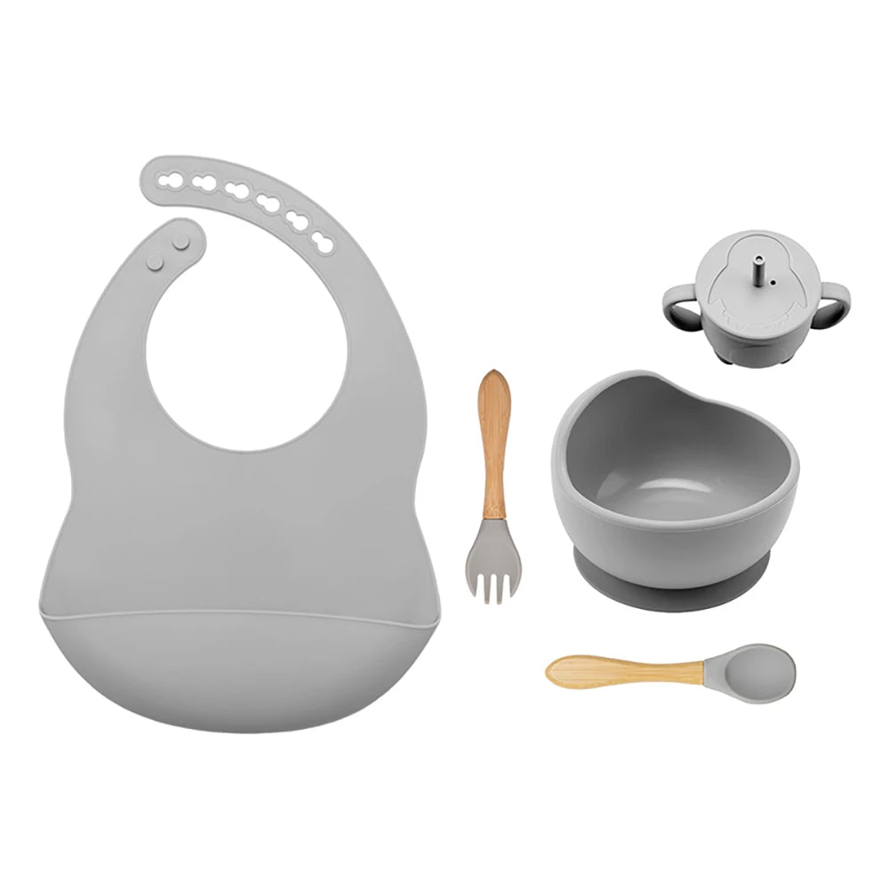 MunchiMate Baby Tableware Set Gray Children Eating Bowl Baby Spoon Sippy Cup Dinner Bib Baby Dinnerware Set Kids Dinner Set Silicone Tableware Set Geschirrset ensemble de vaisselle TheToddly