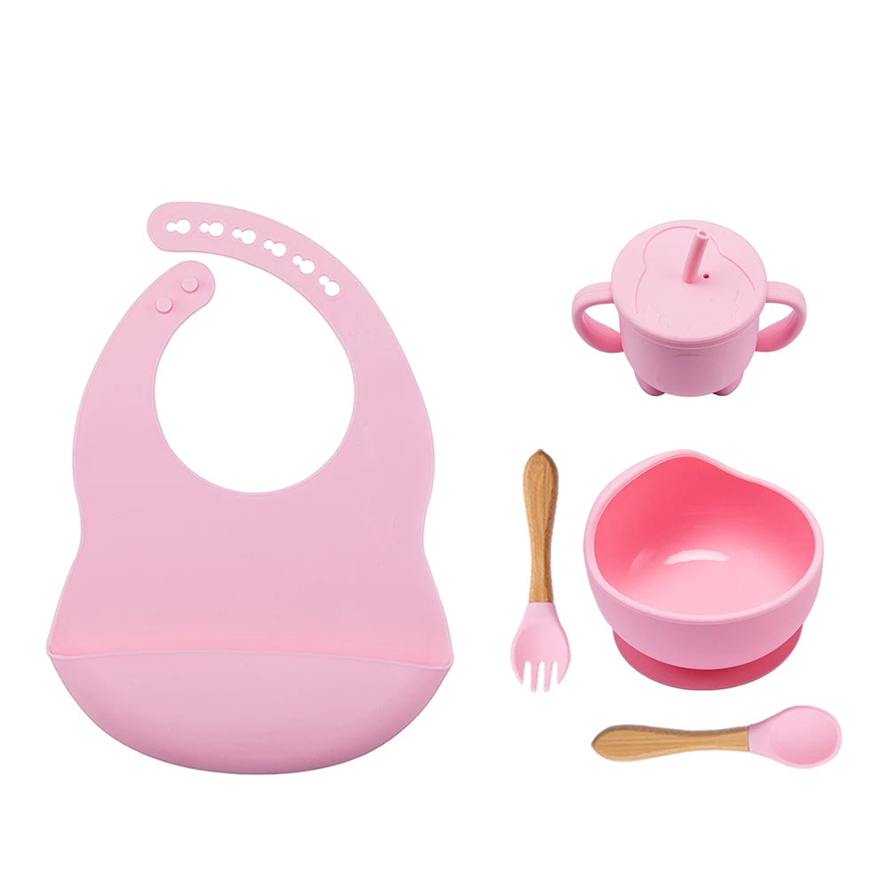 MunchiMate Baby Tableware Set Pink Children Eating Bowl Baby Spoon Sippy Cup Dinner Bib Baby Dinnerware Set Kids Dinner Set Silicone Tableware Set Geschirrset ensemble de vaisselle TheToddly