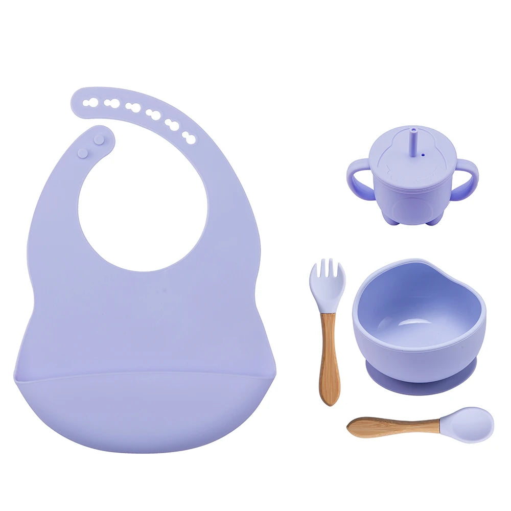 MunchiMate Baby Tableware Set Purple Children Eating Bowl Baby Spoon Sippy Cup Dinner Bib Baby Dinnerware Set Kids Dinner Set Silicone Tableware Set Geschirrset ensemble de vaisselle TheToddly