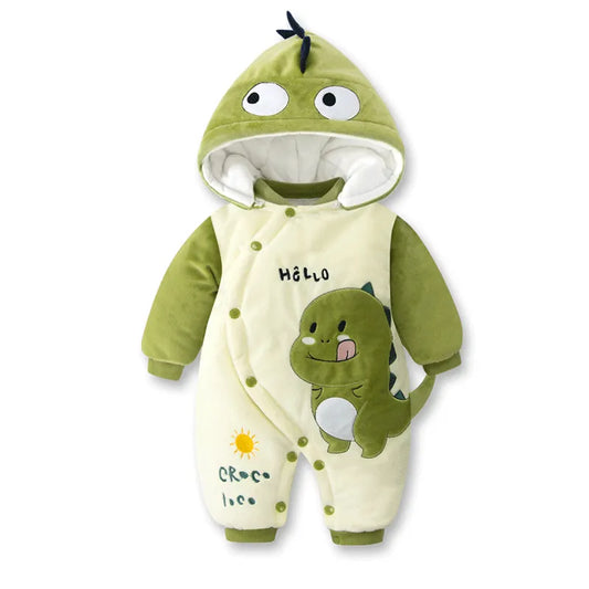 Soft Cotton Baby Jumpsuit with Hood Green Dino Print Baby Onesie