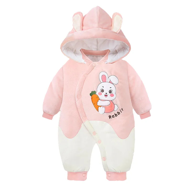 Soft Cotton Baby Onesie with Hood Pink Bunny Baby Romper for Newborn Baby Girls