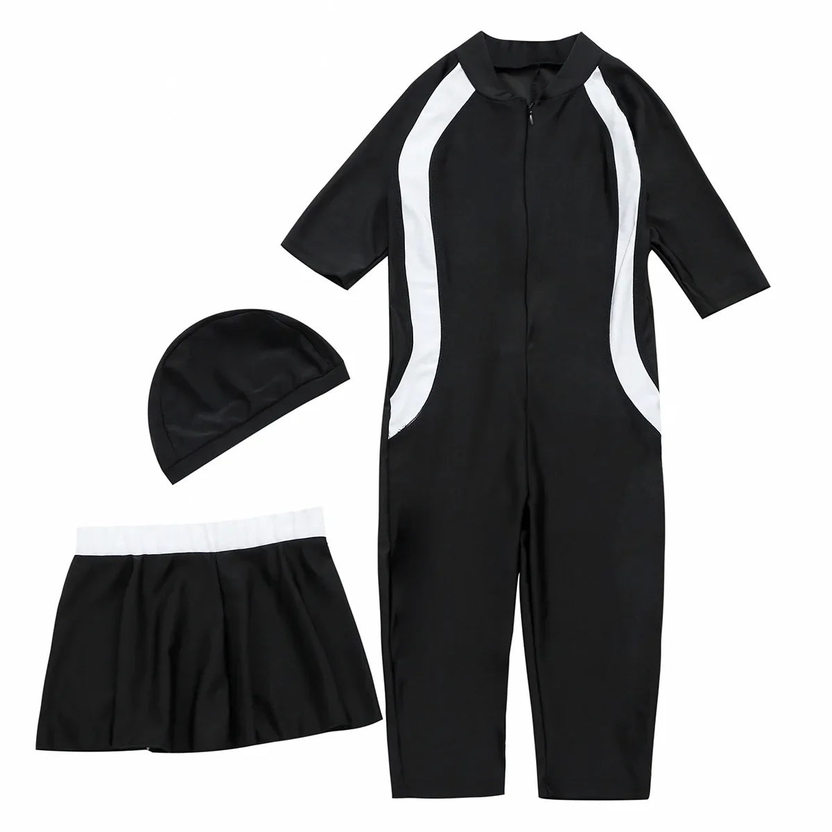 Full Body Girls Swimsuit 3-14 yrs  - Modest Swimwear with Swim Cap - Black