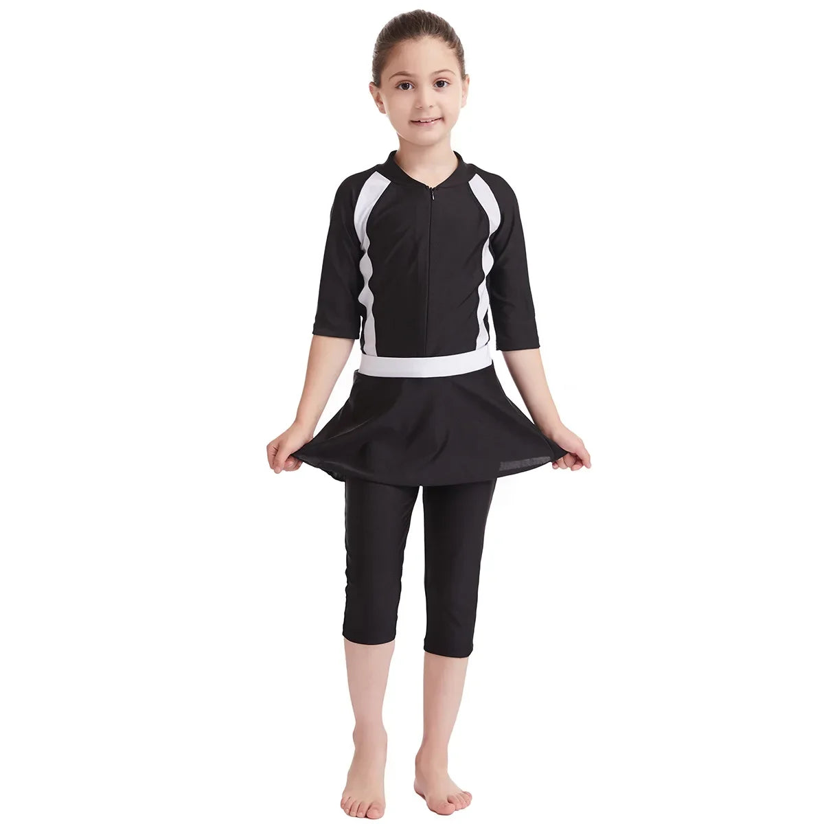Full Body Swimsuit for Girls - Modest Swimwear with Swim Cap Black