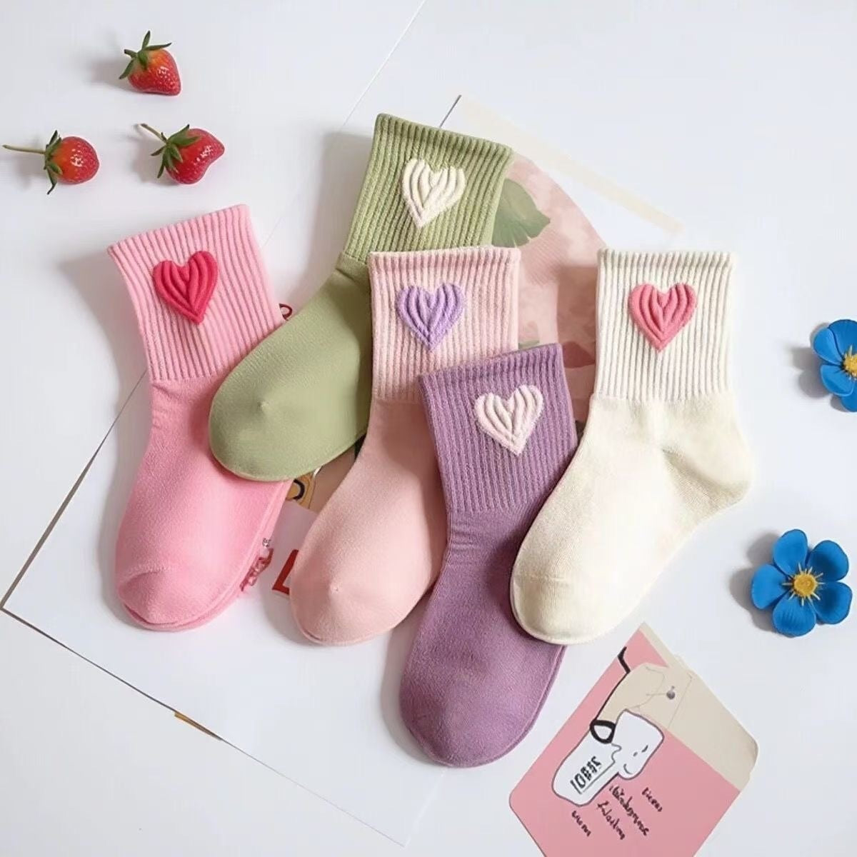 Set of 5 colorful socks with heart designs children girls socks - TheToddly