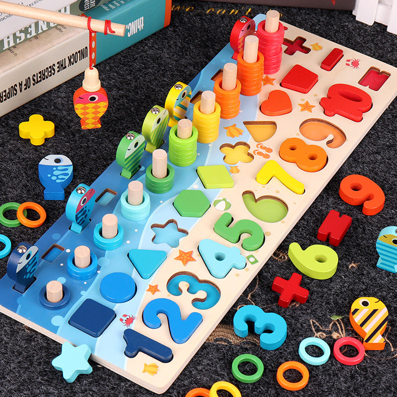 Kids Wooden Number Puzzle Game Toddlers Busy Board with Fishing Counting Math Geometrical Shape Learning Toys