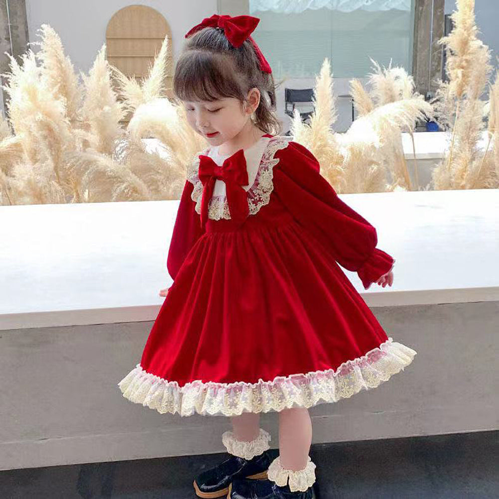 Pretty Lolita Bow Red Velvet Party Dress For Baby Girls TheToddly Pretty Lolita Bow Red Velvet Party Dress For Baby Girls TheToddly