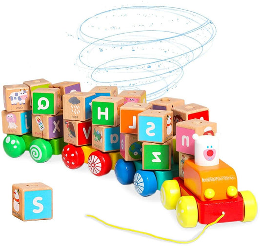 Rotating Alphabet Train Pull Along Wooden Toy for 3 Year Olds