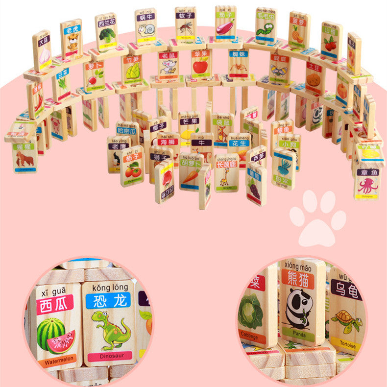 Chinese English Learning Wooden Domino Blocks Toys For Kids