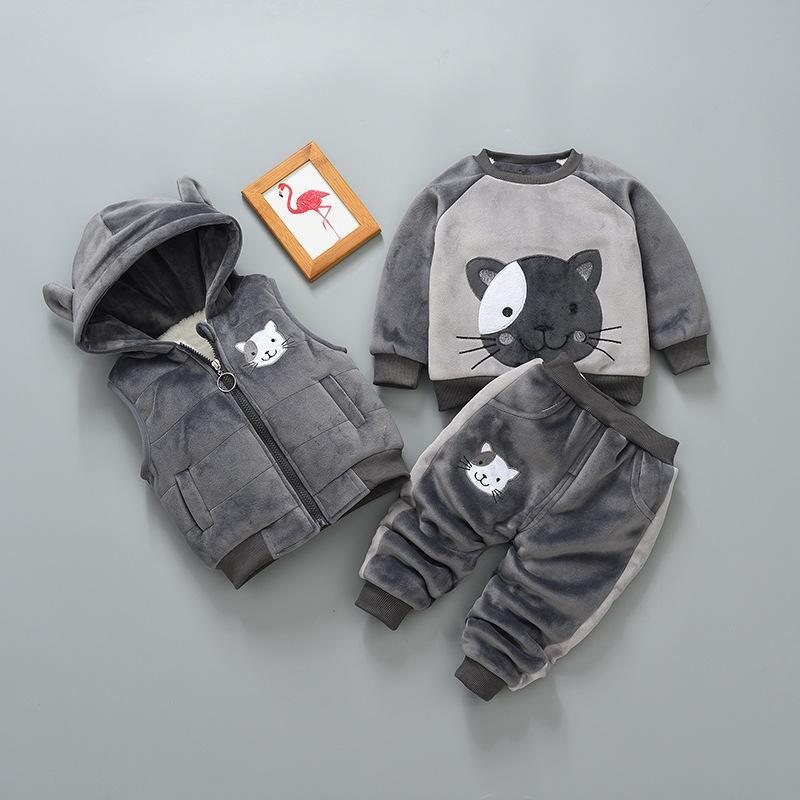 Kids Gray Sweatshirt Pants Jacket Set Velvet Warm 3-piece Kids Clothes for Winter 1 year  4 years Baby clothes - TheToddly