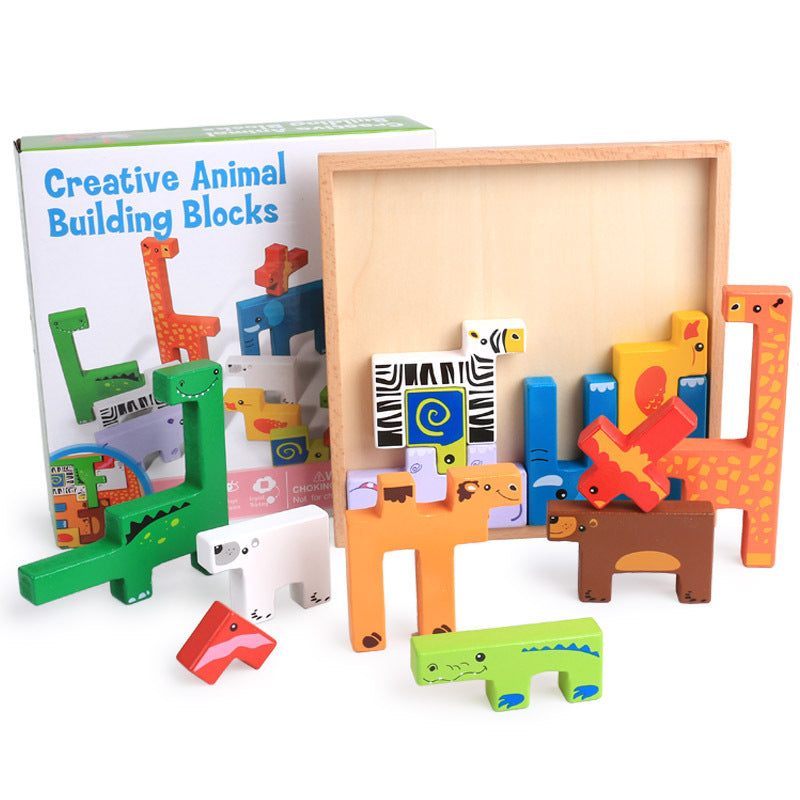 Creatieve houten puzzelset met dierenbouwstenen voor kinderen