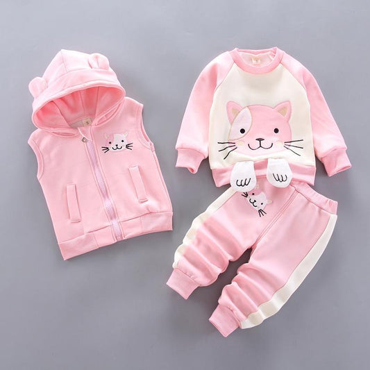 Kitty Fleece Pink Sweatsuit Set with Kids Hoodie Toddlers Jacket Pants Shirt for Kids Clothes - TheToddly