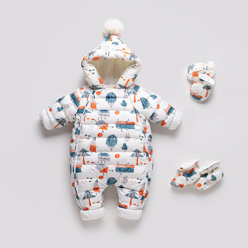 Baby hooded down jacket snowsuit with detachable mittens and footies