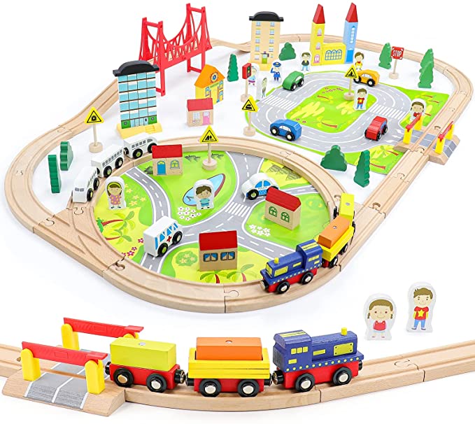 Town Train Track Building Set Wooden Train Toys for Kids