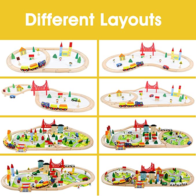 Town Train Track Building Set Wooden Train Toys for Kids