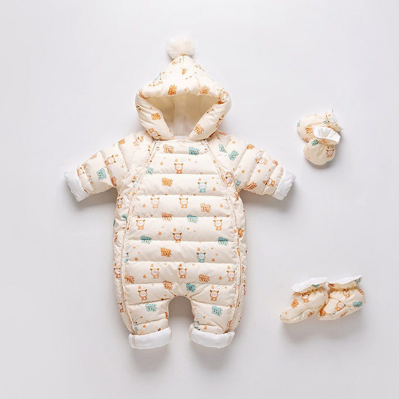 Baby winter warm beige snowsuit with detachable mittens and footies