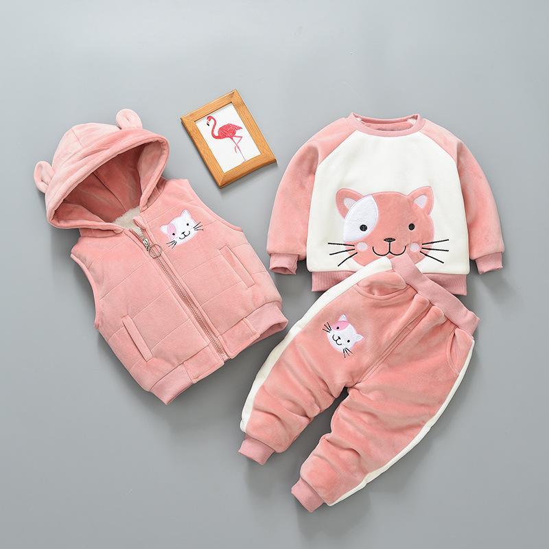 Kids Pink Sweatshirt Pants Jacket Set Velvet Warm 3-piece Toddler Clothes for Winter 1 year  4 years Kids clothes - TheToddly