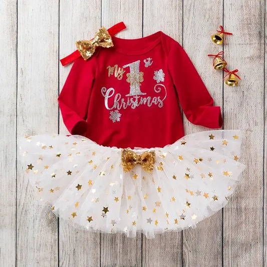 Baby Girl First Christmas Outfit Romper with Headbow Red Baby Girl Dress Long Sleeve Red Bodysuit TheToddly