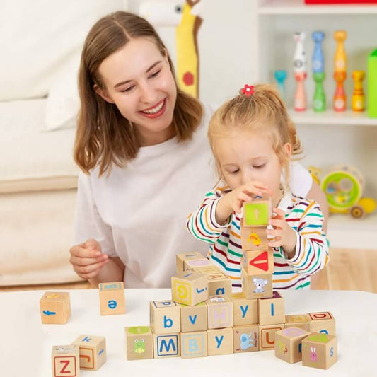 Trä ABC-block Byggspel Pedagogiska leksaker för småbarn