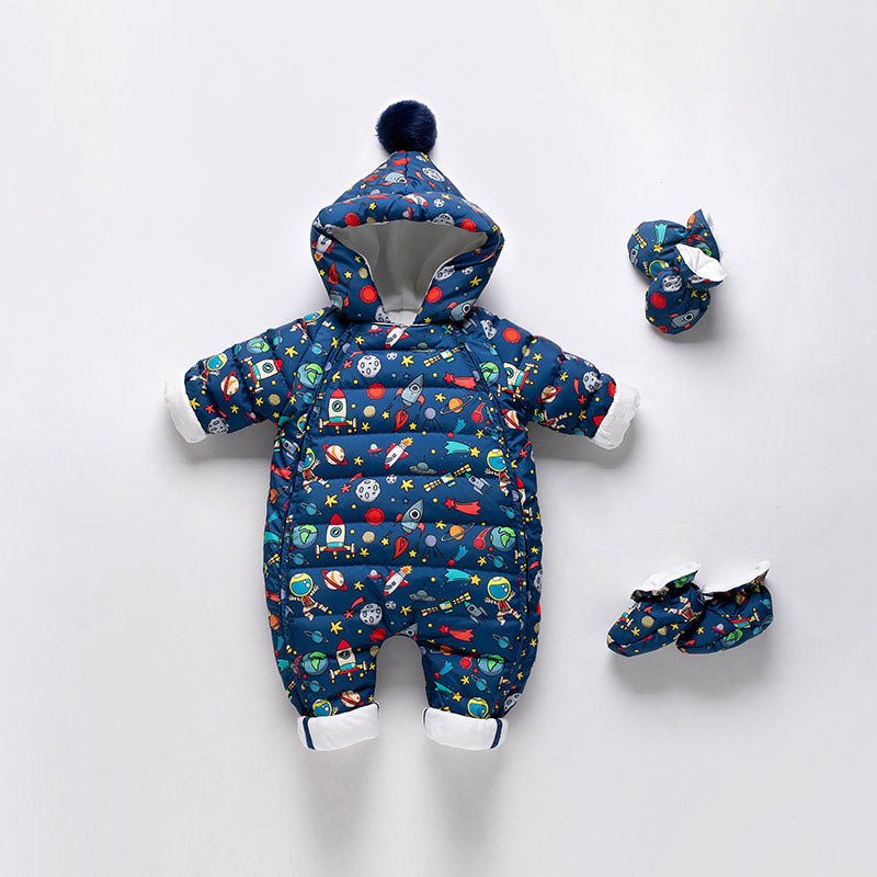 Baby hooded snowsuit with detachable mittens and footies