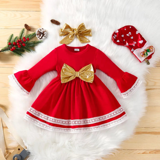 <tc>Robe de Noël rouge pour bébé fille avec nœud doré et bandeau</tc>