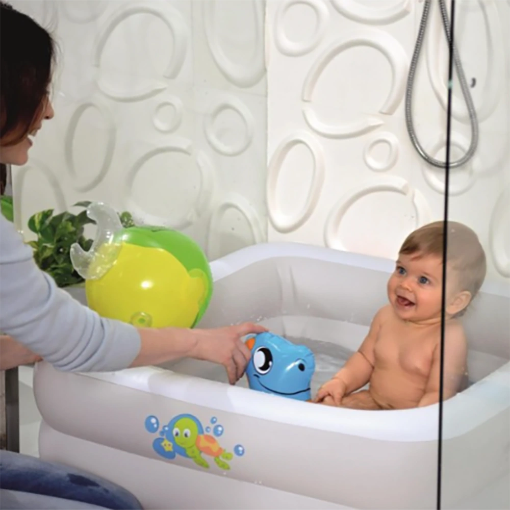 mom with white square baby bath tub in shower stall