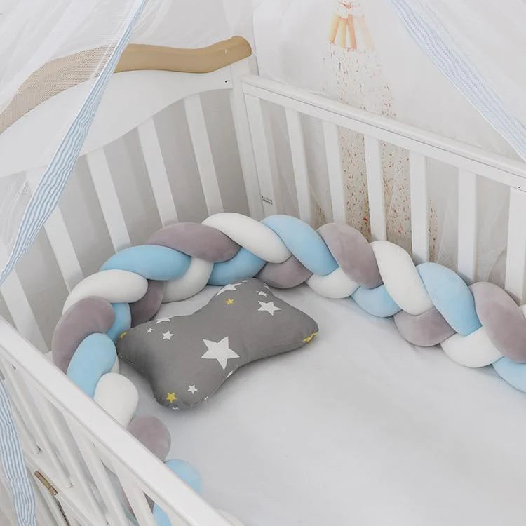 white-blue-gray braided bed bumper crib liner thetoddly